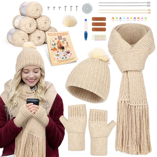 Katech Knitting Kit for Beginner- Learn to Knit Kit for Adults & Kids - color: light khaki