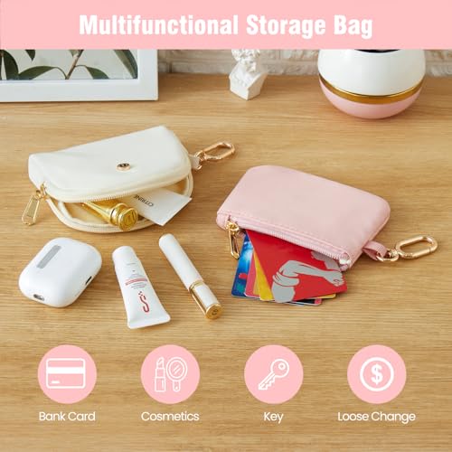 Wristlet Keychain Wallet for Women, Mini Dual Pouch with Coin Pouch – Zip Around wristlet Keychain Wallet with 2 Wristlets, Ideal for Dog Walking, Coffee Runs & Lunch Break Essentials(Beige+Pink G) - color: Beige+Pink G
