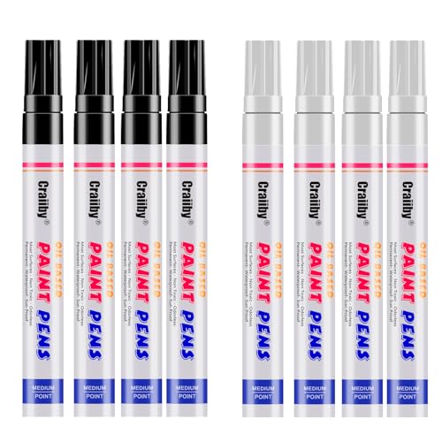 White & Black Paint Markers, 8 Pack Oil-Based Waterproof Quick Dry and Permanent Paint Pen Set for Rocks Painting, Wood, Plastic, Canvas, Glass, Mugs, Metal, Tire, Stone, DIY Craft - color: White & Black