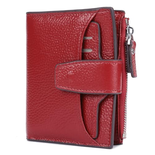 Women's RFID Blocking Leather Small Compact Bi-fold Zipper Pocket Wallet Card Case Purse with id Window - color: Lichee Wine