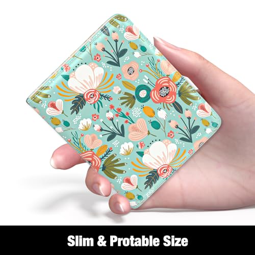 Rouidr Womens Wallet, RFID Small Slim Wallet for Women, Cute Bifold Leather Pocket Credit Card Holder Ladies Mini Purse with Zipper Coin Pocket & ID Window, Green Flowers - color: Green Flowers