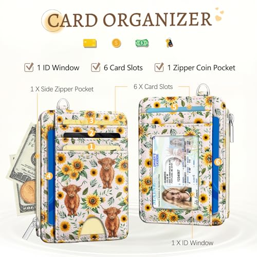 Kelvoris Credit Card Holder Small Wallet Women, Slim RFID, Highland Cow | Keychain, Zipper Coin Pocket, Front Pocket Thin Travel Card Case, Minimalist, 6 Card Slots, 1 ID Window, Ladies Gifts Woman - color: Cow