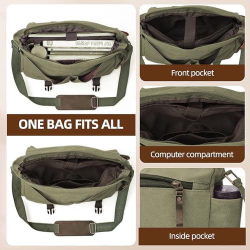 Messenger Bag for men Laptop Bag UnisexRetro Canvas Bag14-15.6 inches Casual single shoulder bag For Work College Travel - color: Army Green
