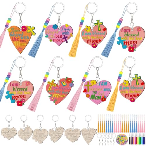 Cinrobiye 24 Set Christian Mother’s Day DIY Wooden Keychain Craft Kit, Faith-Inspired Bulk Gifts, Sunday School Craft Activity Set with Pens, Tassels & Beads - style: Religious Mom