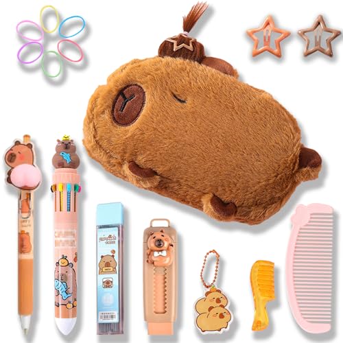 KEYDUACU Cute Water Cavy Pencil Case with Hairstyle Kit, Large Capacity Water Guinea Pig Cute Animal School Supplies Bag with Pencil Set & 10-Color Pen(Brown) - color: brown