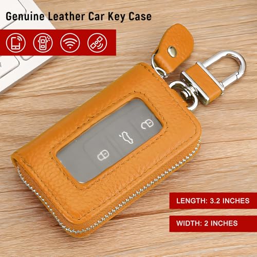 Car Key Fob Case, Remote Keys Storage Bag with Metal Hook & Transparent Window, Waterproof Leather Auto Key Fob Holder Keychain Zipper Bag for Women Men, Car Accessories (Yellow) - color: Yellow