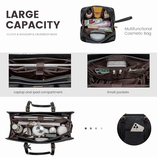 LOVEVOOK Laptop Bag for Women Vintage Leather Laptop Tote 15.6 inch Large Capacity Computer bag with Clutch Purse for Work - color: Black, size: 15.6 inch