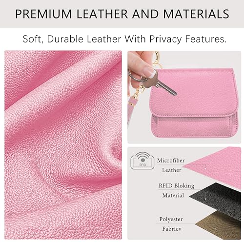 Keychain Wallet for Women,RFID Wristlet Wallet with Beaded Strap | Tri-Fold Design,6 Card Slots,ID Window,Zipper Coin Pocket,Lightweight Carry - color: Pink
