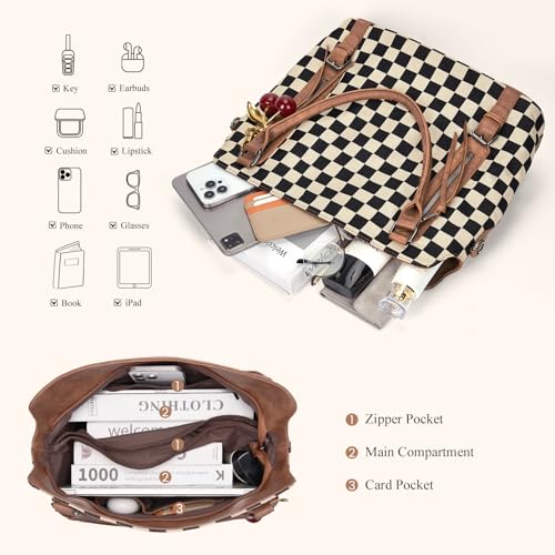 Checkered Tote Bag Large Checkered Purses for Women Plaid Hobo Shoulder Bag Multiple Pockets Tote Handbags - color: C01-brown With Cherry