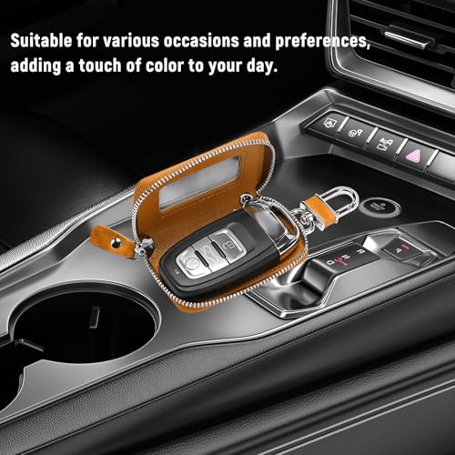 Car Key Fob Case, Remote Keys Storage Bag with Metal Hook & Transparent Window, Waterproof Leather Auto Key Fob Holder Keychain Zipper Bag for Women Men, Car Accessories (Yellow) - color: Yellow