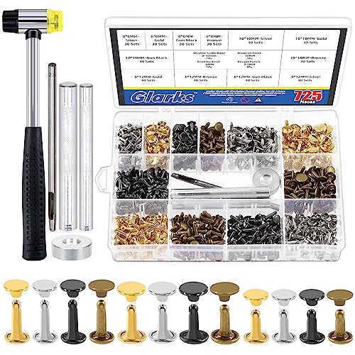 Glarks 360 Sets Leather Rivets with 5Pcs Rubber Hammer Setting Tool Kit, 4 Colors 3 Sizes Double Cap Rivets Tubular Metal Studs Leathercraft Rivets for Bags Clothing Shoes Leather Craft - color: 360 Sets + Hammer