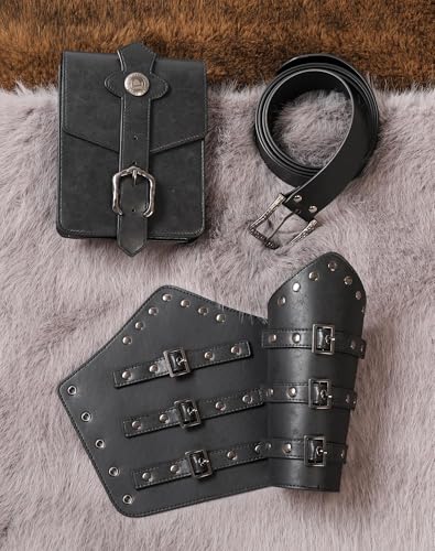 Berenlu Renaissance Accessories, Medieval Belt & Faux Leather Bracers - color: Black Square Pouch