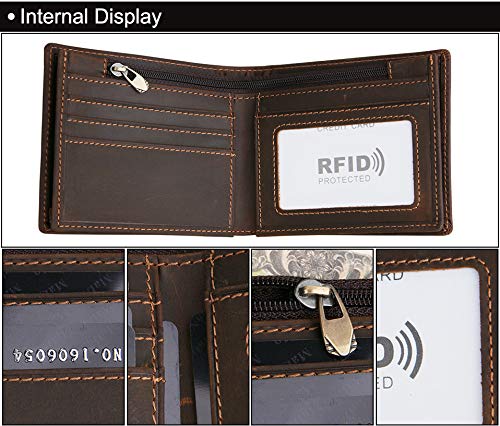Men's RFID Blocking Wallet Cowboy Genuine Natural Crazy Horse Leather Bifold Wallet for Men With Zipper (Dark Brown) - color: Dark Brown