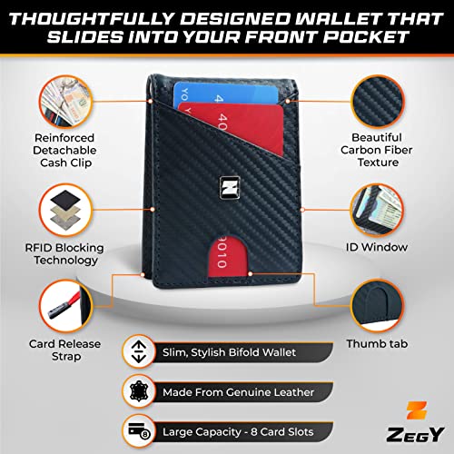 Genuine Leather Slim Carbon Fiber Wallet for Men – Front Pocket Large Capacity Minimalist RFID Card Holder Bifold Wallet With Detachable Money Clip, 8 Slots, ID Window & Release Strap – Blue - color: Blue