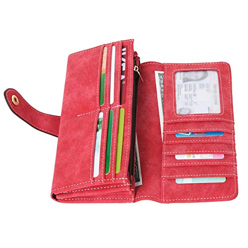 Women's Vegan Leather 17 Card Slots Card Holder Long Big Bifold Wallet - color: Red