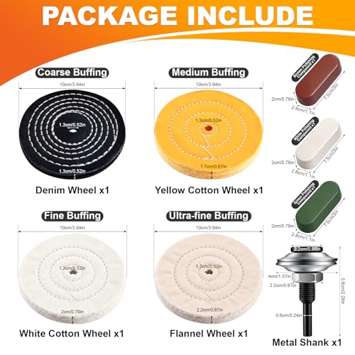 BURMONG 4” Metal Buffing & Polishing Wheel Kit for Drill with 1/4” Drill Adapter, 8PCS Set with 4 Cotton Polishing Wheels (1/2” Arbor Hole) & 3 Polishing Compounds for Aluminum & Metal