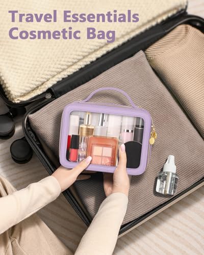Soimeat Clear Makeup Bag, Portable Travel Cosmetic Bags, Multipurpose Leather Toiletry Bag with Zipper, Waterproof Transparent Cosmetic Organizer for Women, Medium, Purple - color: Purple, size: Medium