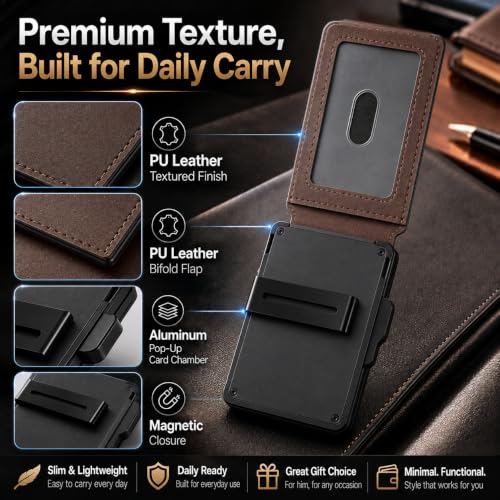 Coffee AirTag Wallet for Men, RFID Blocking Minimalist Bifold Pop Up Aluminum Card Holder, PU Leather Wallet with Money Clip ID Window, 9-13 Cards, Gift for Men, AirTag Not Included by Sooshoom - color: Coffee