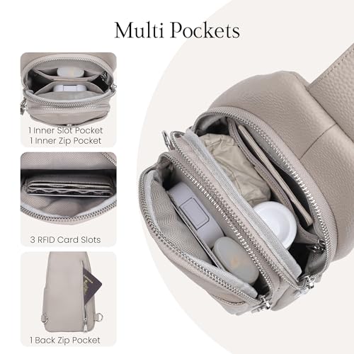 befen Genuine Leather Sling Bag for Women Anti-Theft Crossbody Chest Bags Fanny Packs for Travel with RFID Card Slots | Real Leather, Anti Theft, RFID Blocking, 3 Card Slots, Anti Pocket Bag, Multi Pockets, Travel Purse - color: Beige Grey