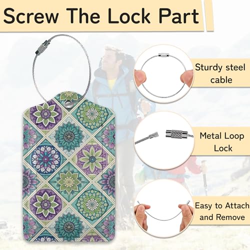 Vintage Mandala Floral Luggage Tag for Suitcase,Design with Privacy Flap Name ID Label Metal Loop, 3 Pack - color: Vintage Mandala Floral