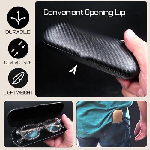 MyEyeglassCase Men Small Glasses case - Eyeglasses Hard Shell Holder Pouch & Cloth-Reading Slim & Narrow Case Heavy Duty - color: S5 Carborn Black