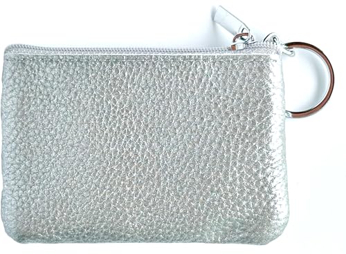 Women's Leather Tiny Small Coin Purse Pouch with Keychain, Mini Card Holder Case for Men (Silver) - color: Silver