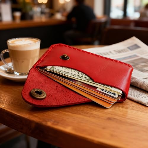 Handmade Red Full Grain Leather Card Wallet - Rounded Corner Slim Card Holder with Snap Closure, 4"×2.7"×0.2" Card Case, Artisan Crafted EDC Wallet (red) - color: red