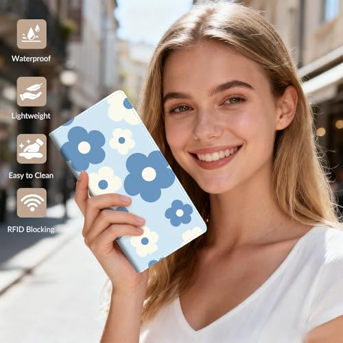 Anikathy Womens Wallet, Rfid Wallets for Women,Slim Thin Credit Card Holder Organizer Purse,PU Leather Cute Long Bifold Clutch Cash Wallet with Zipper Coin Pocket,Ladies Gift,Blue and white flowers - color: Blue and white flowers