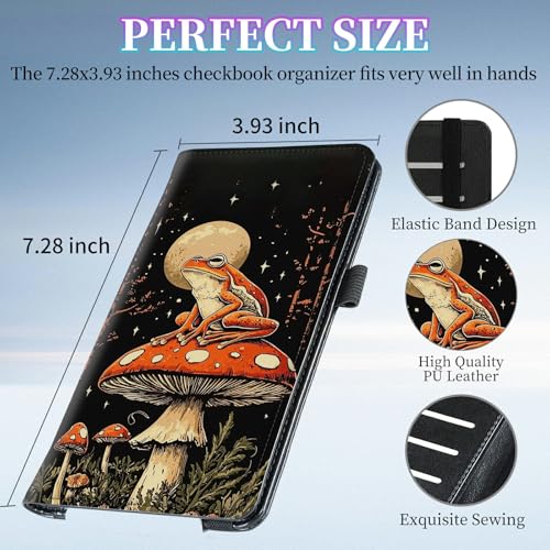 Checkbook Cover for Duplicate Checks,Slim Durable RFID Blocking Checkbook Credit Card Holder for Personal and Business Checks-Mushroom Frog Moon - color: Mushroom Frog Moon