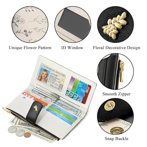 Women's Bifold Long Wallet, Slim & Thin RFID Blocking Floral Vegan Leather Card Holder with Bow Keychain (Black) - color: Black