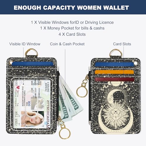 Slim Wallet Credit Card Holder, Moon and Sun Face, RFID Wallet Women Cute Small Front Pocket Wallet With Zipper, PU Leather Thin travel RFID Blocking Card Case ID Window,Ladies Gifts - color: Moon and Sun Face
