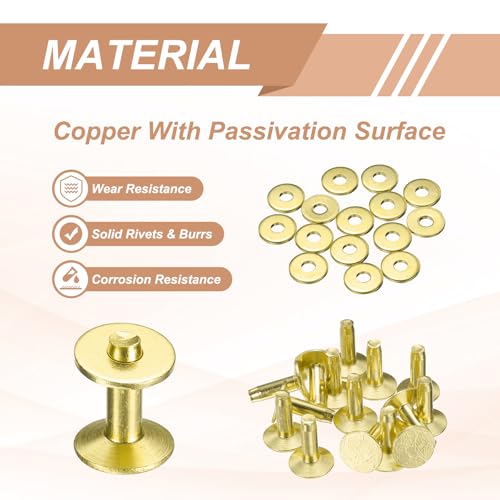 HARFINGTON 15Set Brass Rivets and Burrs Washers 11x4x12mm Dimpled Finish Solid Leather Rivet Fastener Studs Posts for Leather DIY Craft Belts Wallets Collars, Gold Yellow - color: Gold Yellow, size: 11x4x12mm