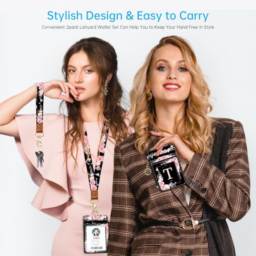 2-in-1 ID Badge Holder & Lanyard Wallet，A-Z Letter T - color: T
