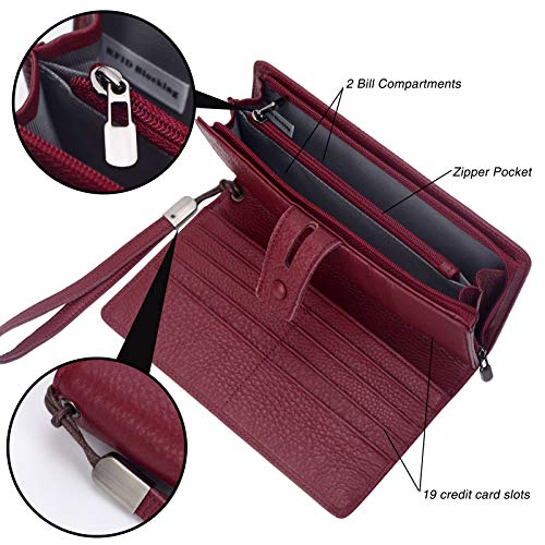 Bveyzi Women's Big Fat Rfid Leather Wristlet Wallet Organizer Large Phone Checkbook Holder with Zipper Pocket (Wine Red) - color: Wine Red