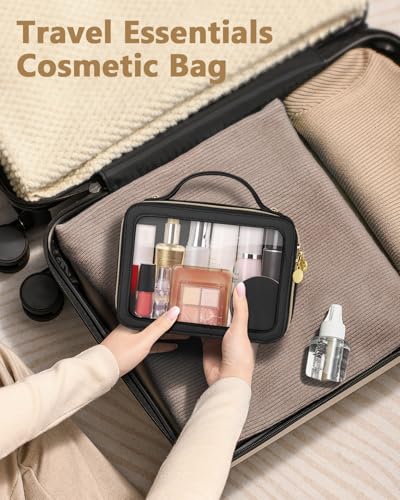 Soimeat Clear Makeup Bag, Portable Travel Cosmetic Bags, Multipurpose Leather Toiletry Bag with Zipper, Waterproof Transparent Cosmetic Organizer for Women, Medium, Black - color: Black, size: Medium