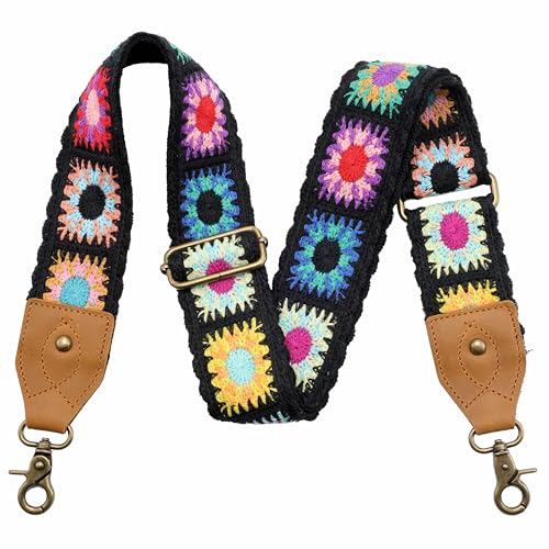 Nefelibata Purse Strap-2" Crazy Horse Leather Wide Shoulder Strap Adjustable Replacement,Retro knit Embroidery Multi-pattern Crossbody Bag Straps for Handbag,Crossbody Bags(Black Knit Embroidery) - color: Black Knit Embroidery