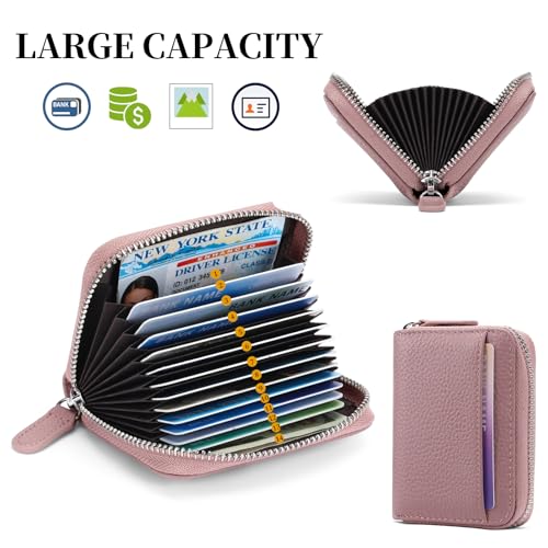SENDEFN RFID Credit Card Holder for Women Small Leather Zipper Card Case Wallet 15 Slots - color: J-Pink