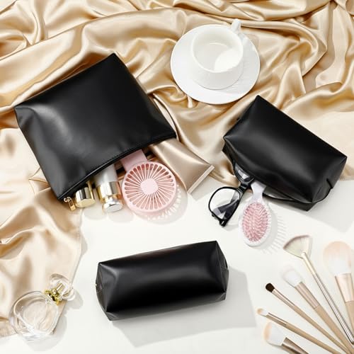 Kigeli 3 Piece Leather Makeup Bag Set Graduation Women Gifts PU Leather Makeup Toiletry Bag Bridesmaid Cosmetic Pouch Small Aesthetic Travel Purse for Wedding Birthday Women Gifts(Black) - color: Black