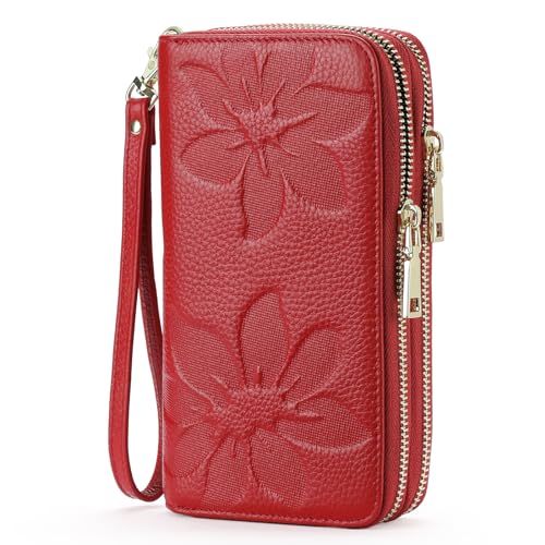 GOIACII Women's Wallet RFID Blocking Leather Wristlet | 2 Zip Around, Large Capacity, Credit Card Holder, Ladies Phone Clutch Purse - color: A05 Red