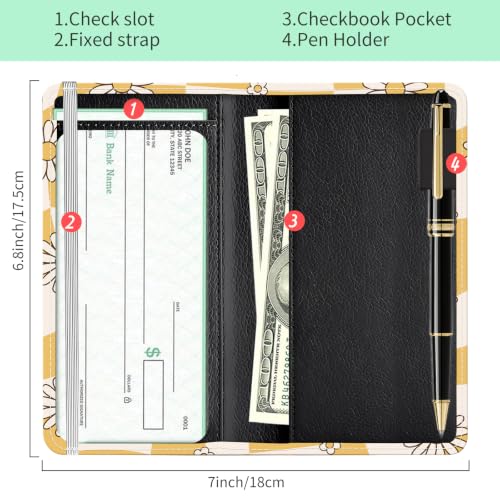Checkbook Cover for Personal Checkbook, Cute Pu Leather Check Book for Women & Men, Slim Checkbook Holder with Pen Holder and Built-in Clear Plastic Divider, Daisy Checker - color: Daisy Checker