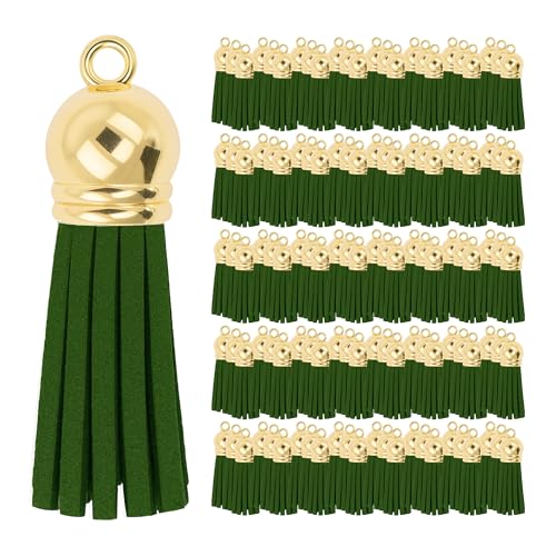 Mandala Crafts Gold Cap Dark Green Faux Suede Leather Tassels, 100 PCs - color: Gold Cap Dark Green Suede