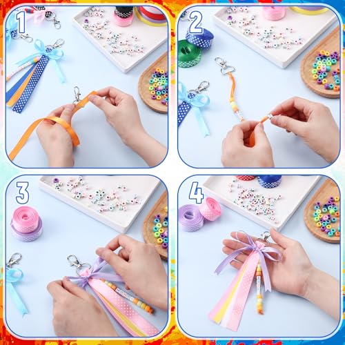 Zeyune 233 Pcs 20 Set DIY Bead Keychain Making Kits Bag Charm Beads Craft Ribbon Bow Key Chain Letter Alphabet Keychain Jewelry Backpack Accessories for Back to School Gifts Making Party Favor