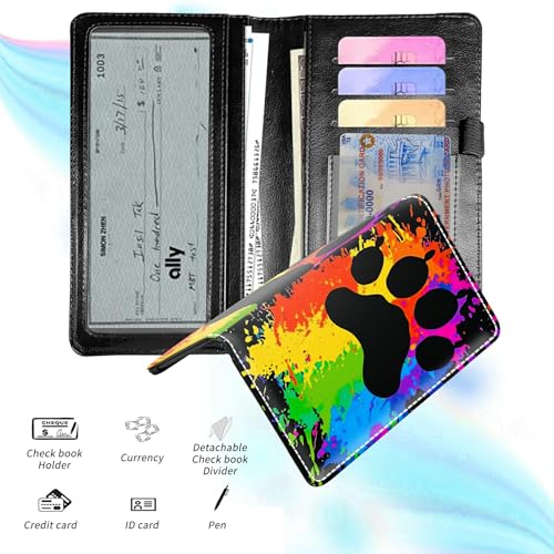 Check Book Cover for Personal Checkbook, Leather Business Checkbooks Plastic Insert Flap Card Holder Pen Hoop Holder with RFID Blocking Slim Wallet for Women Men, Dog Paw Prints - color: Dog Paw Prints
