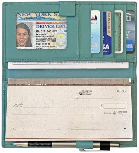 RFID Leather Checkbook Cover With Credit Card Slots and Pen Holder - color: Turquoise