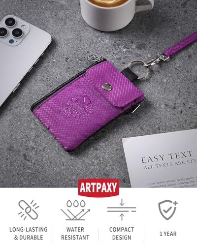 Artpaxy Minimalist Wallet For Mens Womens, Keychain RFID Blocking Zipper Small Wallet with ID Window 2 Lanyards,Water Resistant Travel Cash Card Coin Case Boys Girls - color: Purple