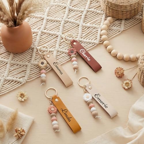 Wavyknot 12 Set Daisy and PU Leather Beadable Keychain Bars Bulk Laser Engraving Blanks Keychain Kit for DIY Crafts Jewelry(Boho, Rectangle) - color: Boho, style: Rectangle