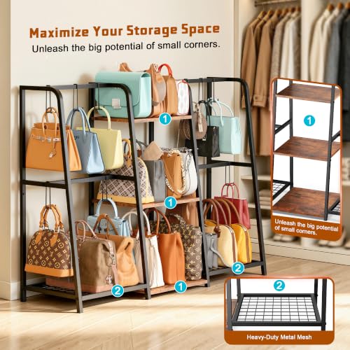 3-Tier Purse Organizer, Heavy-Duty Wood and Metal Bag Storage Rack with 10 Side Hooks for Large Totes & Long Shoulder Bags, Anti-Wobble Free-Standing Handbag Display Stand