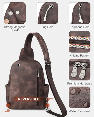 Large Sling Bag for Women, Designer 10L Leather Crossbody Purse | Anti Theft Sling Backpack, RFID Fanny Packs for Travel, Ideal for Vacation Walking Daily Errands - color: Coffee Brown Retro Style