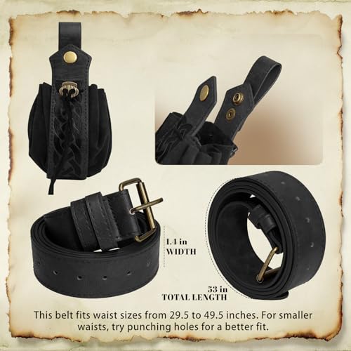 Renaissance Belt Pouch Medieval Pirate Costume Accessories Set for Cosplay | Viking Faux Leather Waist Bag, Skirt Hike Clips, Perfect for Women and Men Ren Faire, LARP, Fantasy, Halloween - color: Black