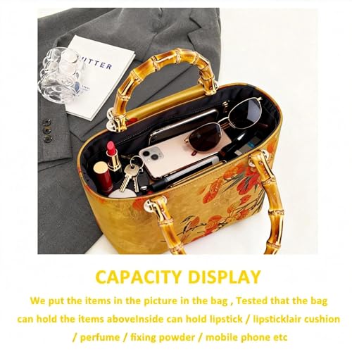 Tote Bag, Satin Oil Painting Handbags, Natural Bamboo Handle, Bohemian Shoulder Bag Suitable for Travel Daily